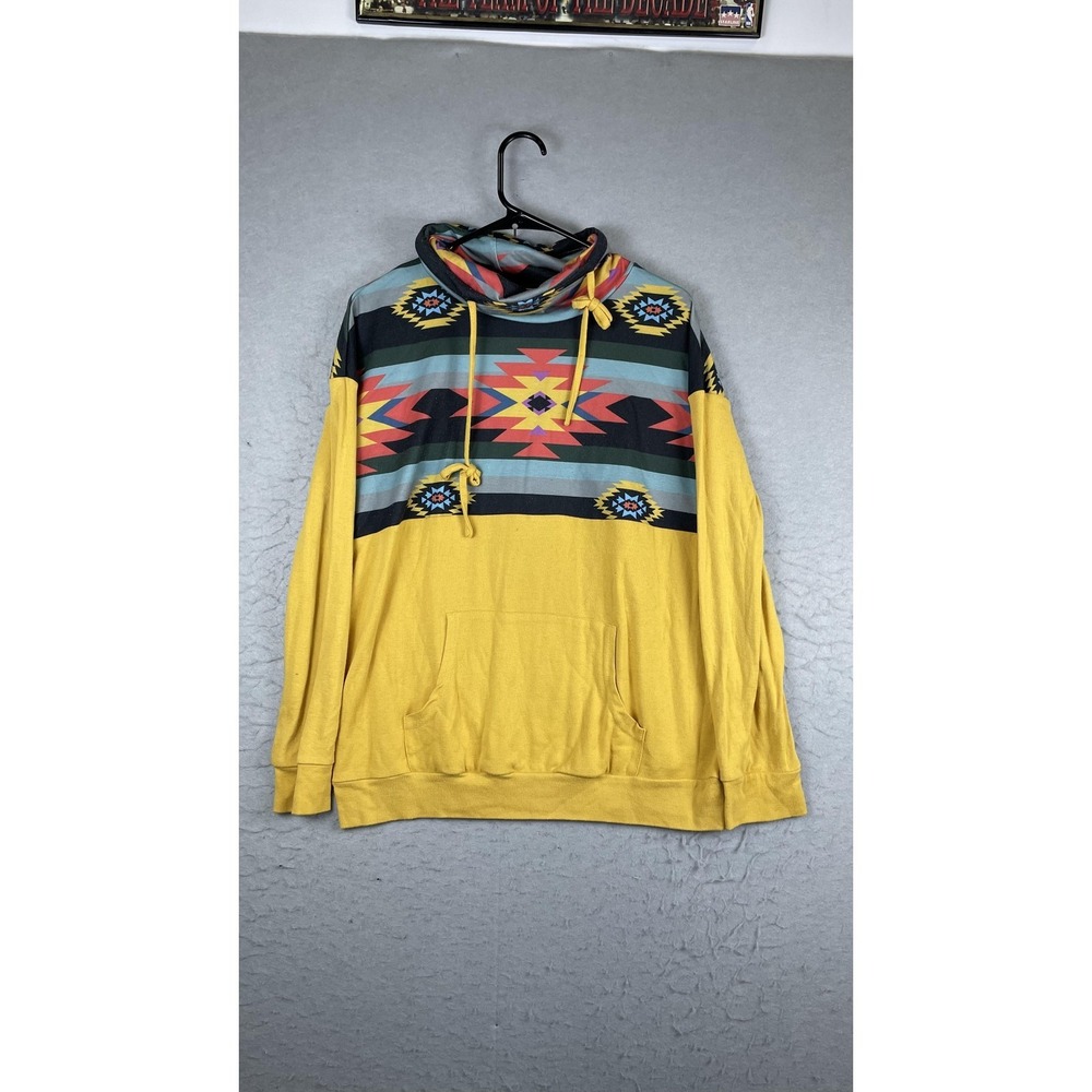 Hoodie Womens Large Multicolor Aztec Southwestern Cowl Neck Pullover Lightweight